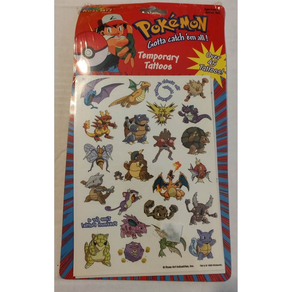 Vintage Nintendo Pokemon Temporary Tattoos Rose Art- 1999 - Unopened Sealed